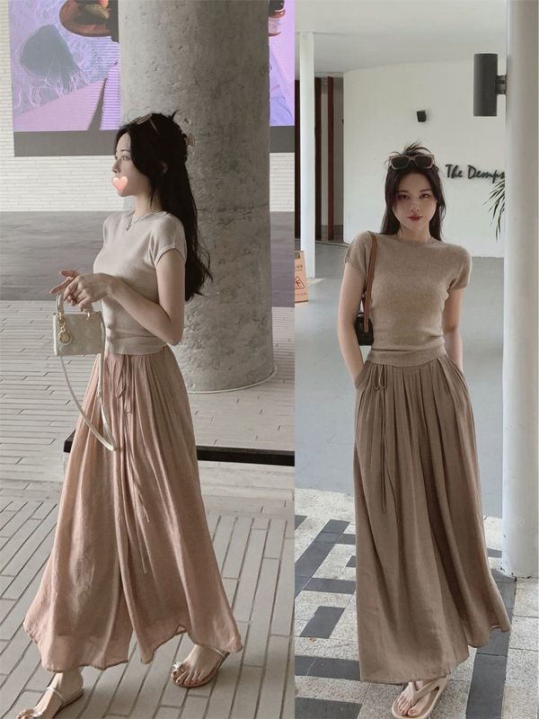 Pink Cotton and Linen Flowing Wide-Leg Pants Skirt for Women Summer Thin New Loose Draped High-Waisted Straight Casual Pants Nine-Point Pants
