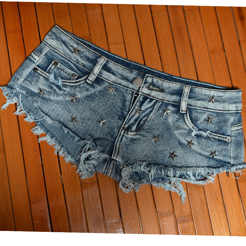 Raw Edge Washed Nostalgic Color Tattered Rivets Ultra-Low Waist Hot Pants Sexy Denim Shorts Sexy Nightclub Slimming Women's Pants