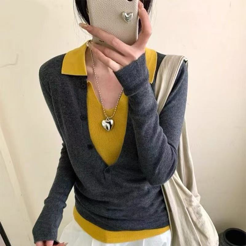 甜酷风POLO领撞色假两件长袖针织衫女秋季设计感修身显瘦气质上衣|undefined