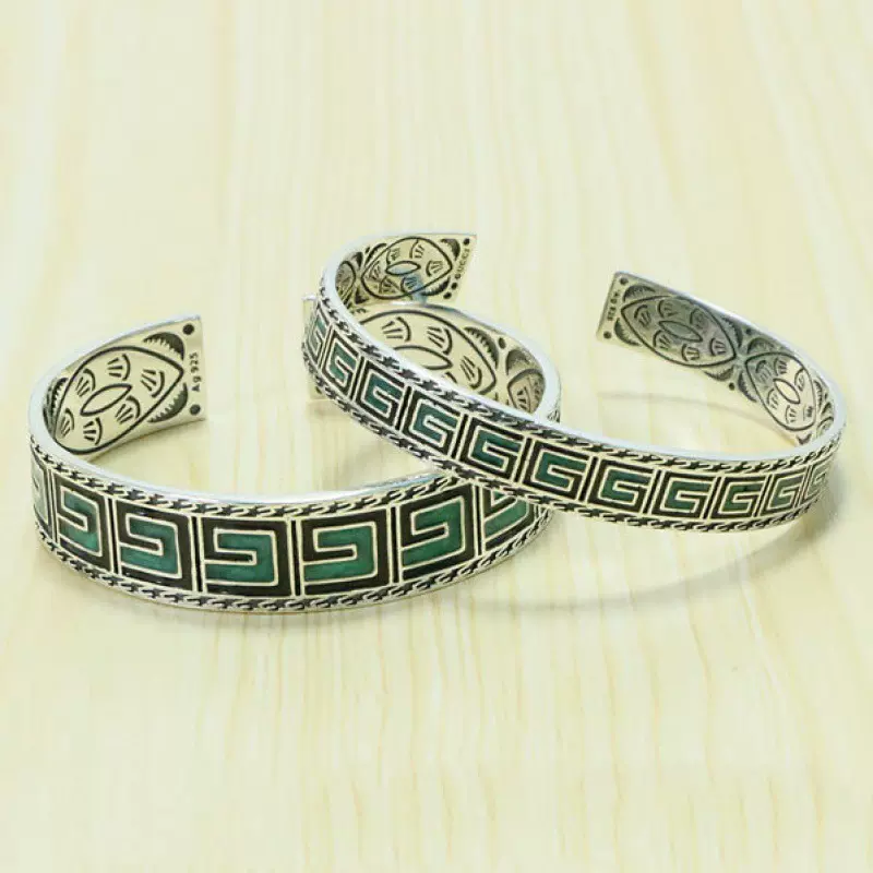 欧美时尚银饰高级感手环纯银开口珐琅花纹情侣手镯