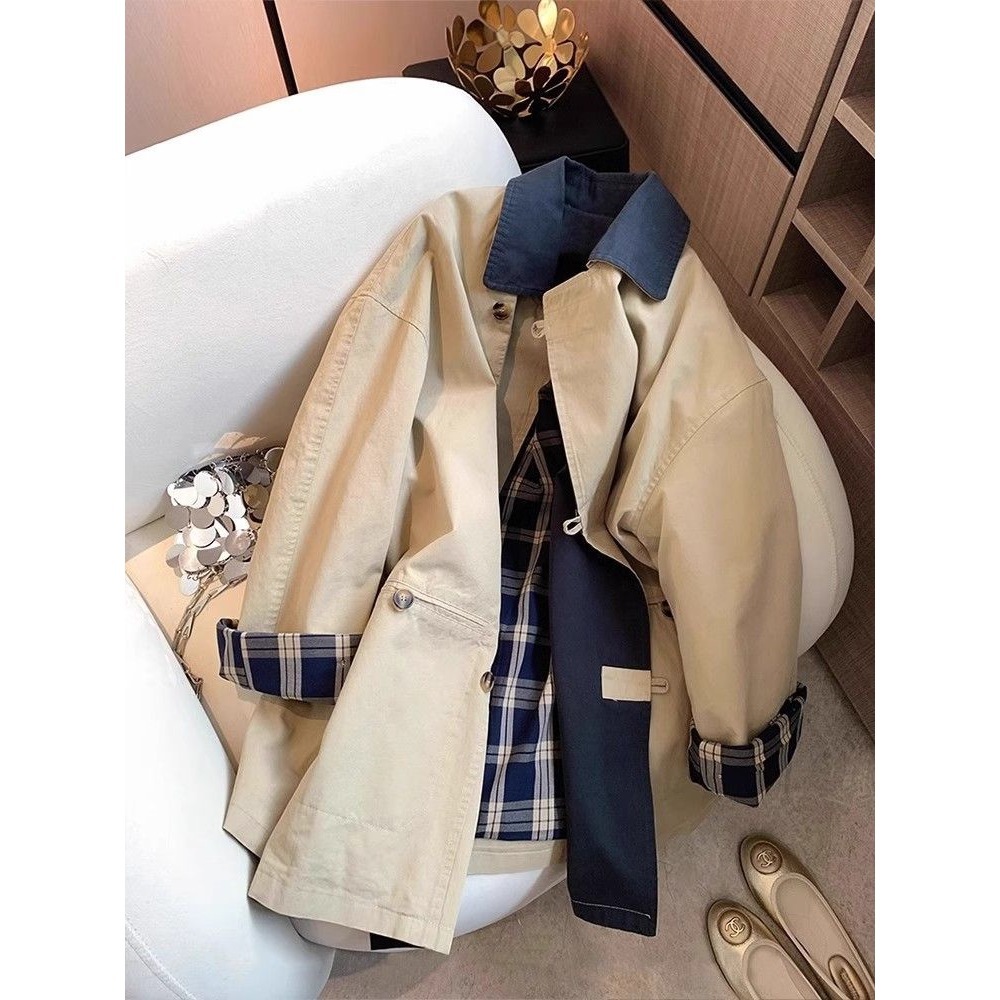 New Women's Trench Coat, Loose And Versatile, New Style With A Turn-down Collar, Plaid Coat For Women_voghion.com