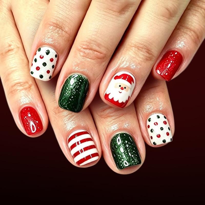 Short glossy square nails, European and American style, red and green Santa Claus polka dot striped Christmas press-on nails, 24 pieces