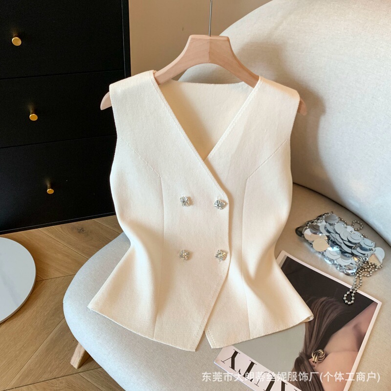 French V Neck Sleeveless Knitted Vest for Women, Summer Style, High-End, Western Style, Chic Outer Top, Small Fragrant Vest