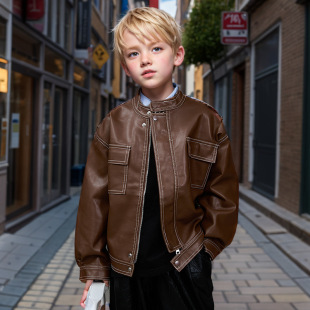 Boys' Leather Jacket Spring and Autumn 2025 New Children's Western Style Jacket Baby's Cheesy Biker Jacket for Boys