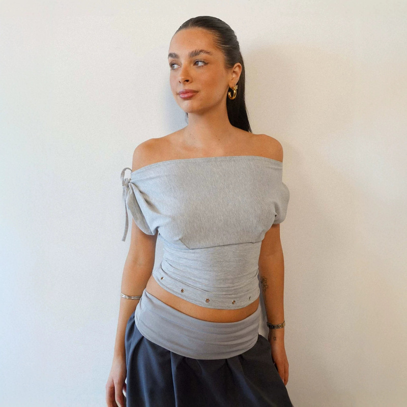 European and American Cross-Border Women's Fashion 2026 Sexy Hollow-Out Design Reversible Tube Top Off-Shoulder Waist-Cinching T-Shirt Top
