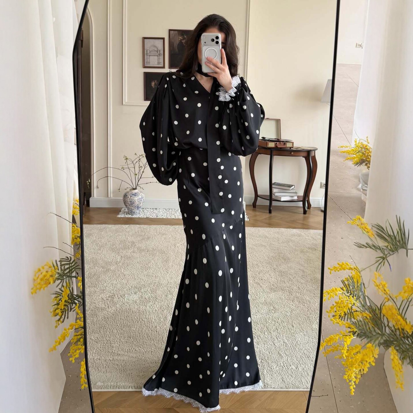 European and American cross-border women's clothing 2026 summer new style loose black polka dot long dress with long sleeves and high waist casual suit
