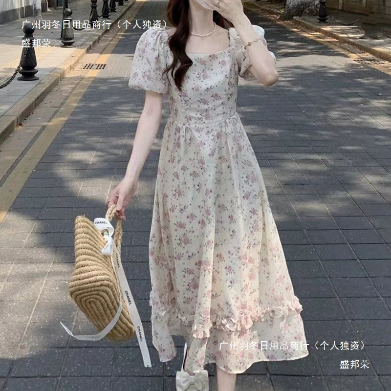 Платье с короткими рукавами из шифона во французском стиле для чайной паузы, женское летнее дизайнерское пляжное платье с пышными рукавами, длинная юбка