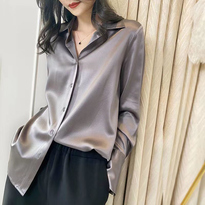 长袖缎面衬衫女设计感小众春秋新款百搭垂感复古港味衬衣上衣|undefined