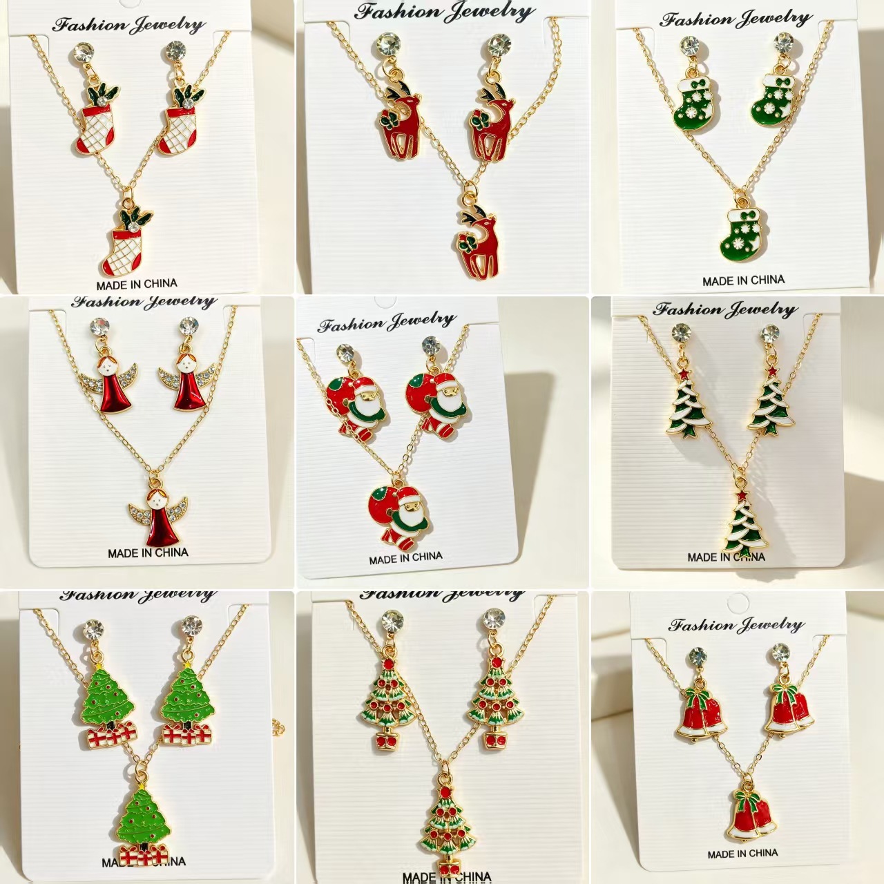 Christmas Series Earrings and Necklace Set: Reindeer, Santa Claus, Angel Enamel Pendant Holiday Two-Piece Set