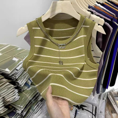 純欲辣妹風高腰露臍短款條紋背心女2024夏季新款修身內搭無袖上衣
