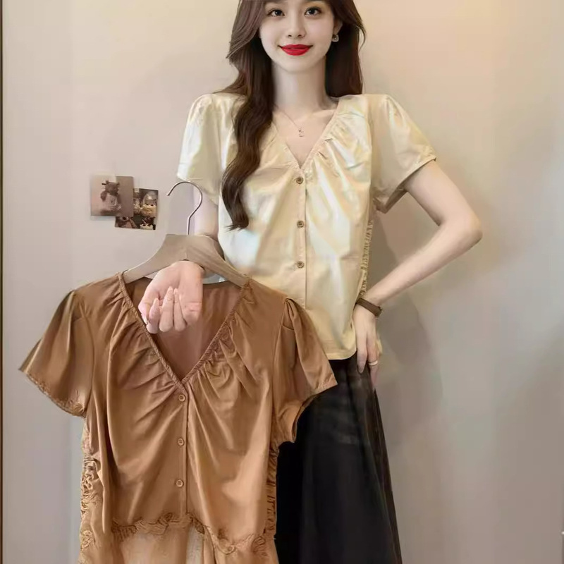 French V Neck Puff Sleeve Shirt Women's Summer Asymmetrical Drawstring Waist Shirt Small Popular ins Top Wholesale