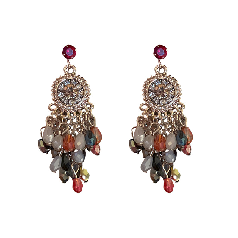 Pendientes de borla de cristal de flor de diamante con aguja de plata Pendientes de lujo ligero de estilo étnico retro Pendientes de sentido avanzado de nicho para mujer