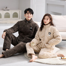 情侣睡衣冬季女珊瑚绒男士冬款加绒加厚三层夹棉袄高领家居服套装