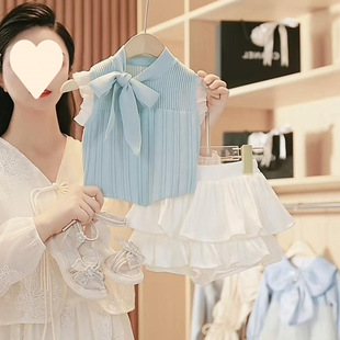 Girls Summer Suit 2025 New Style Princess Style Knitted Vest Fairy Cake Pleated Skirt Two-Piece Set for Small and Medium-Sized Children