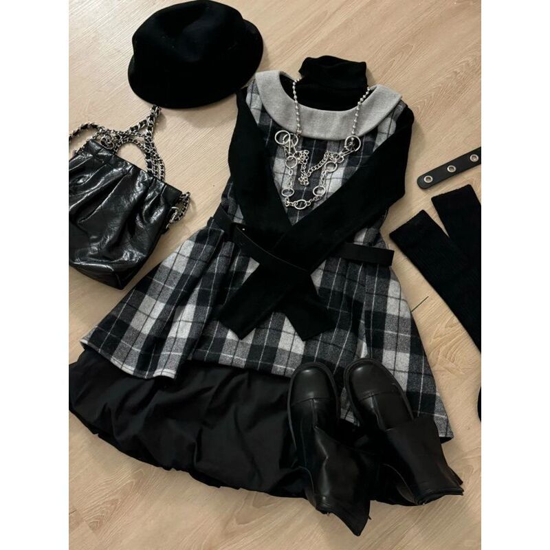 Vintage Japanese-Style Retro Doll Collar Plaid Dress Versatile Long-Sleeve Base Two-Piece Set~