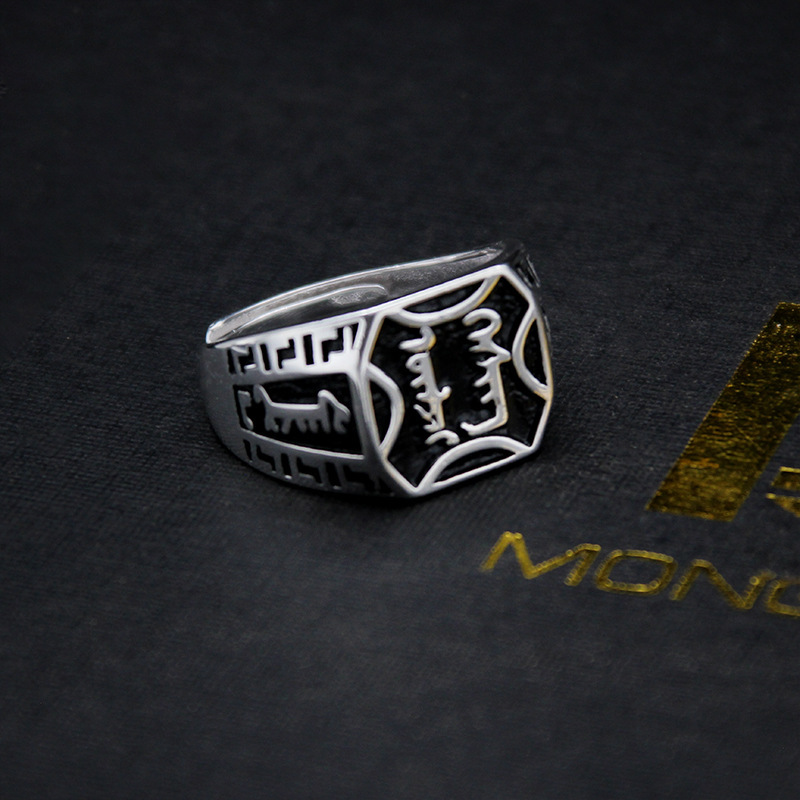 Mengge Yin Mongolian Men's Men's Silver Ring Mongolian Font…