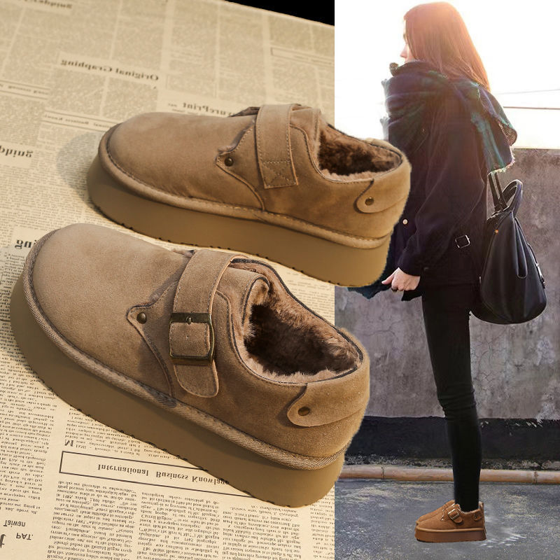 Botas de nieve de fondo grueso para mujeres 2024 invierno nuevos zapatos de algodón de un pie del noreste con lana gruesa calentamiento zapatos burken