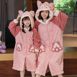 Детская демисезонная пижама, фланелевое термобелье, длинный коралловый бархатный банный халат, 2023, семейный стиль