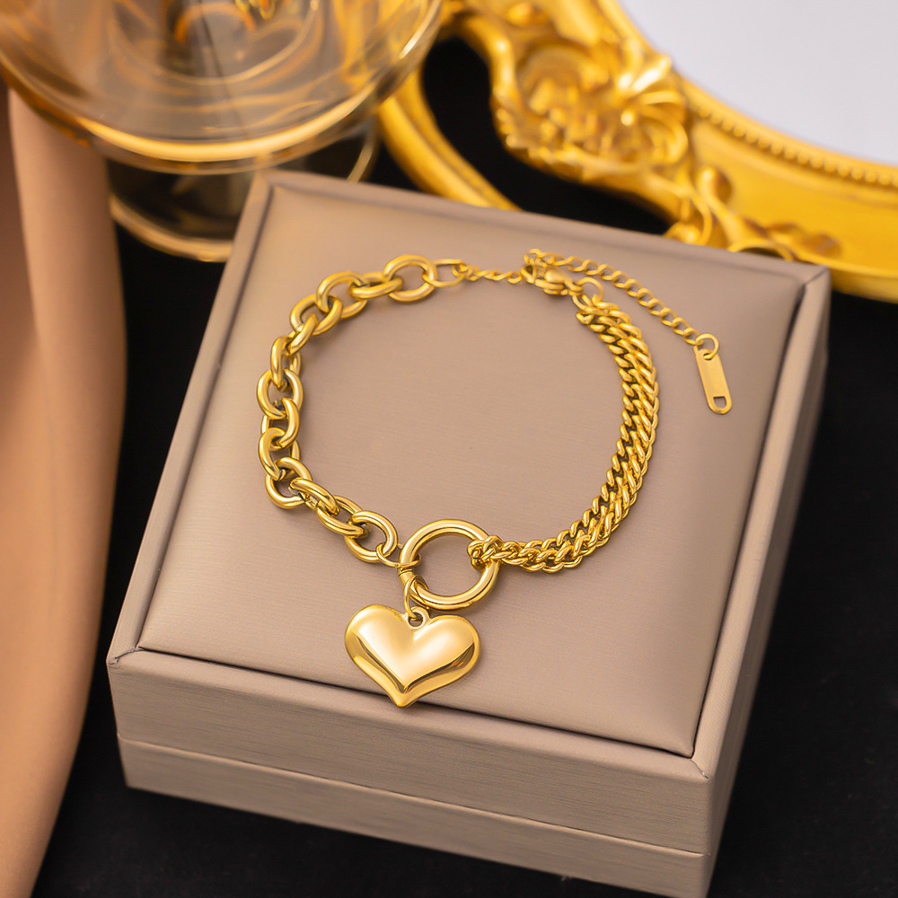 23g Weight 0.03µm-0.05µm Gold Plating Thickness PVD Coated Gold Plating Process PVD Coated Real Gold Plated 18K Gold Heart Shape 304 Stainless Steel Simple Style Classic Style Waterproof Non Tarnish 304 Stainless Steel Bracelets