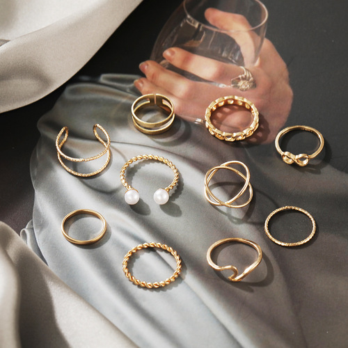 Eurasian Cross-border Ins Cold Style Alloy 10-Piece Ring Set Creative Simple Pearl Joint Ring Gold