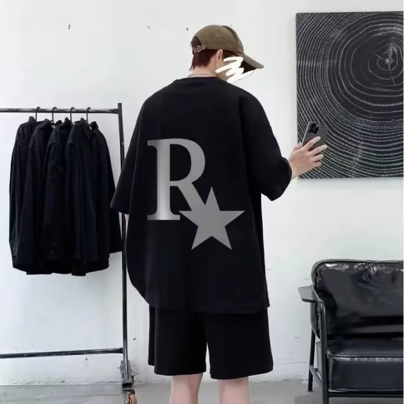 五分裤宽松夏季休闲大码潮流时尚半袖衣服男五分袖慵懒气质一套装