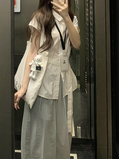韩系气质polo领绑带白色短袖衬衫女夏季收腰显瘦设计简约百搭上衣|undefined