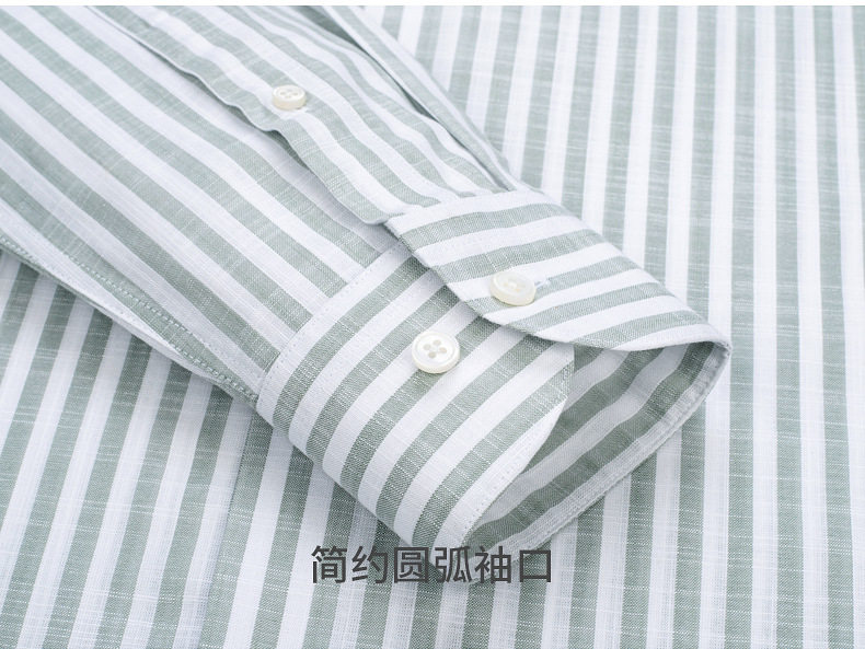 Áo sơ mi nam dài tay cổ một mảnh vải lanh giả Tencel chống nhăn form rộng — Cổ áo sọc mơ 09, Sọc xanh nhạt-một cổ áo 05 chi tiết 20