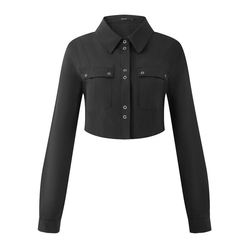 Women's Shirt with a Cinched Waist, Versatile, Stylish, Casual Style, Trendy, with Pockets, Cardigan, Workwear, Patchwork, Slim Fit, Long Sleeve, Vintage