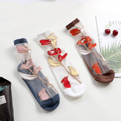 Socks for women, cotton bottom, crystal silk lace, breathable, non-slip, Korean version with flowers, transparent sweat-absorbent women's mid-calf stockings
