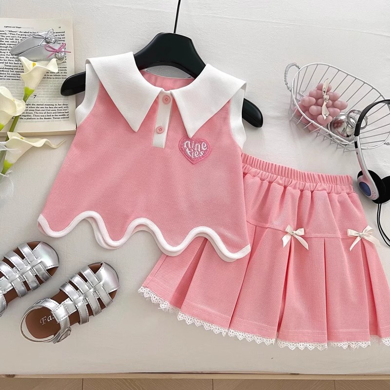 2025 Girls Summer Suit New College Sleeveless Vest Summer Pleated Skirt Children's Fashionable Two-Piece Set