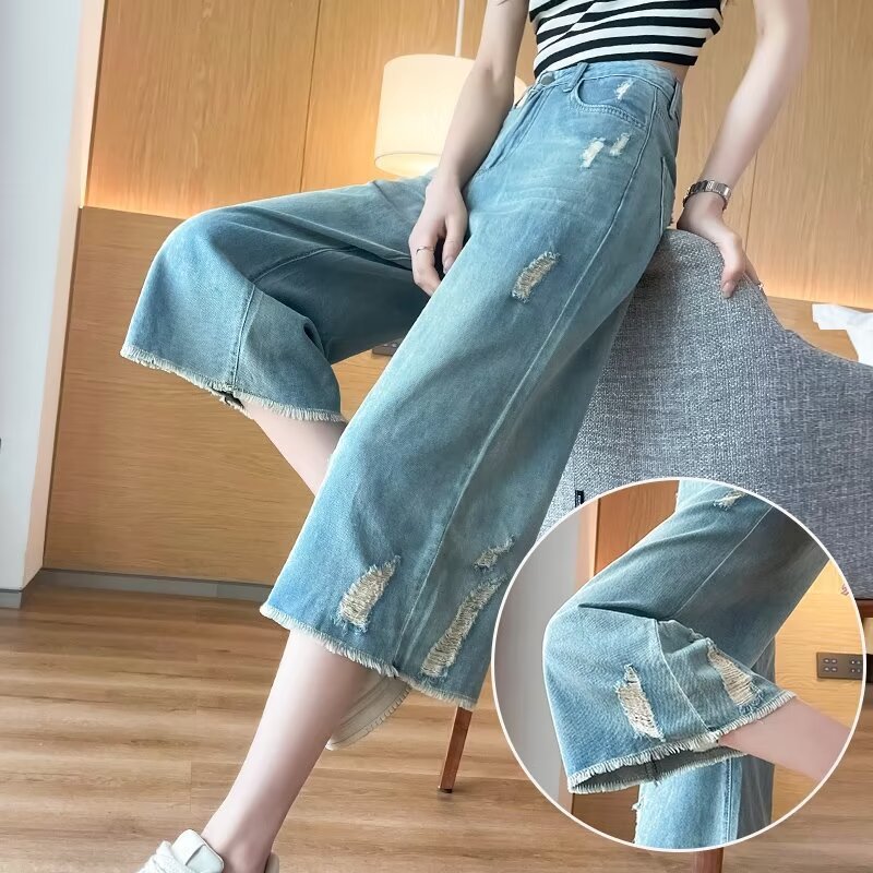 ハイストリートアメリカンリップドジーンズレディース春秋ファッションルーズクロップドパンツガールズレトロストレートスリムカジュアルパンツ|undefined