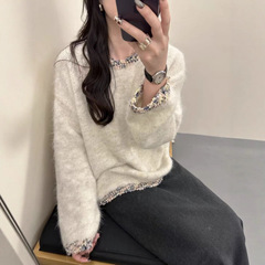 小香风拼接羊驼针织套头毛衣女慵懒风大版显瘦针织衫女0916-147