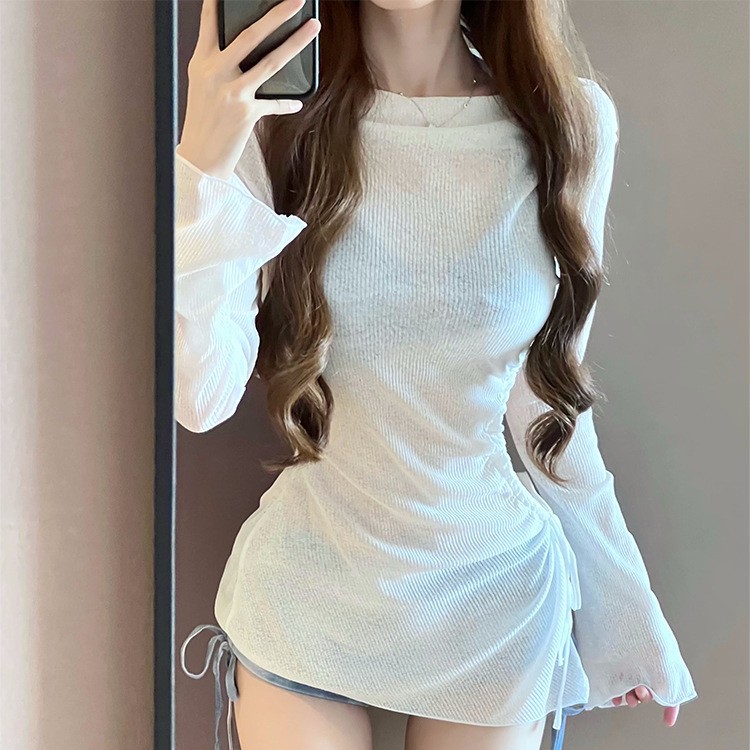 比基尼泳衣女2024新款藍色分體罩衫三件套性感小胸海邊度假泡溫泉