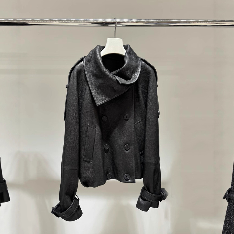 Correct Version of 2025 Autumn and Winter New Retro Double-Breasted Stand-Up Collar Short Leather Jacket for Women