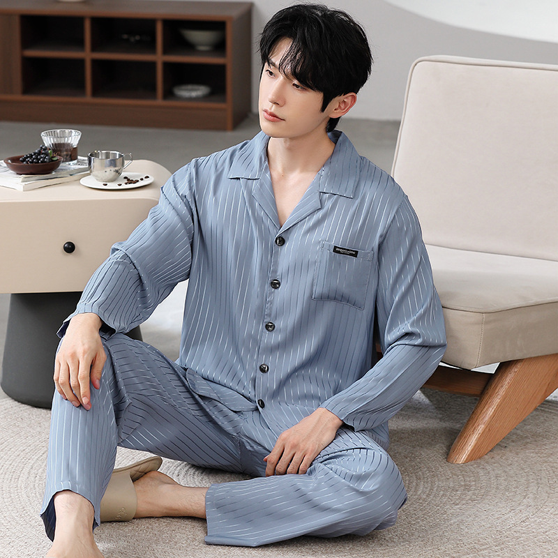 Men's Autumn Pajamas: Ice Silk Long Sleeve and Pants, Striped Casual Style, Cool and Comfortable, Plus Size Men's Loungewear Summer Set Men's Autumn Pajamas: Ice Silk Long Sleeve and Pants, Striped Casual Style, Cool and Comfortable, Plus Size Men's Loungewear Summer Set