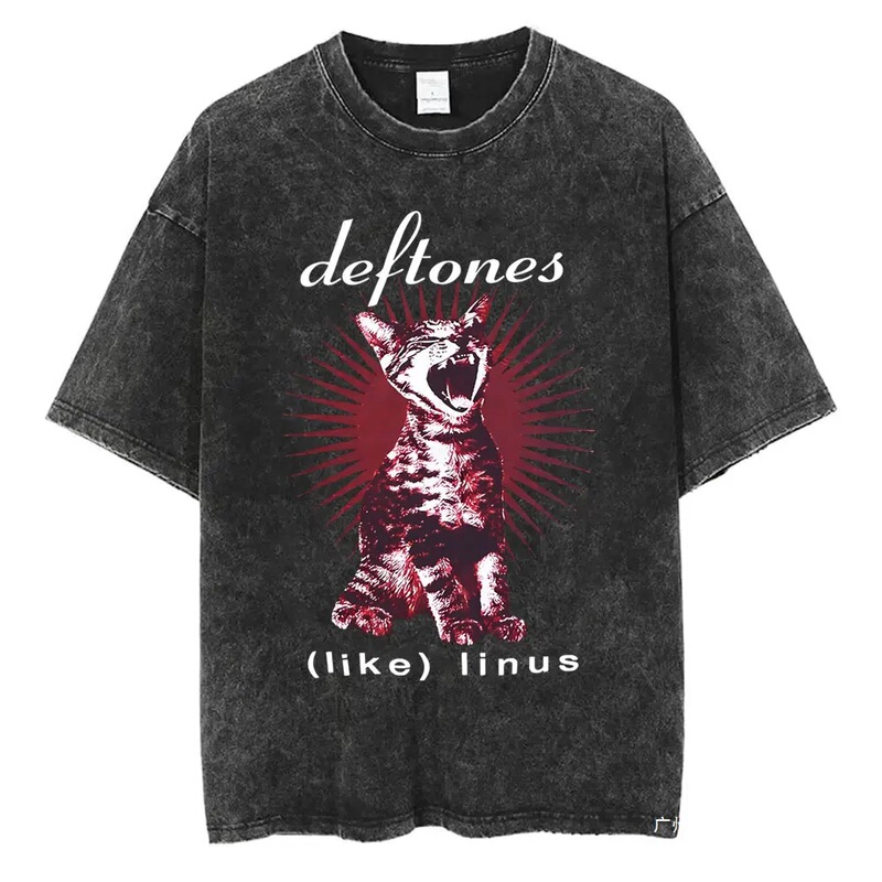Washed Vintage Rock Band Deftones Cat Graphic T-Shirt for Men, Alternative Heavy Metal Short-Sleeve T-Shirt for Men