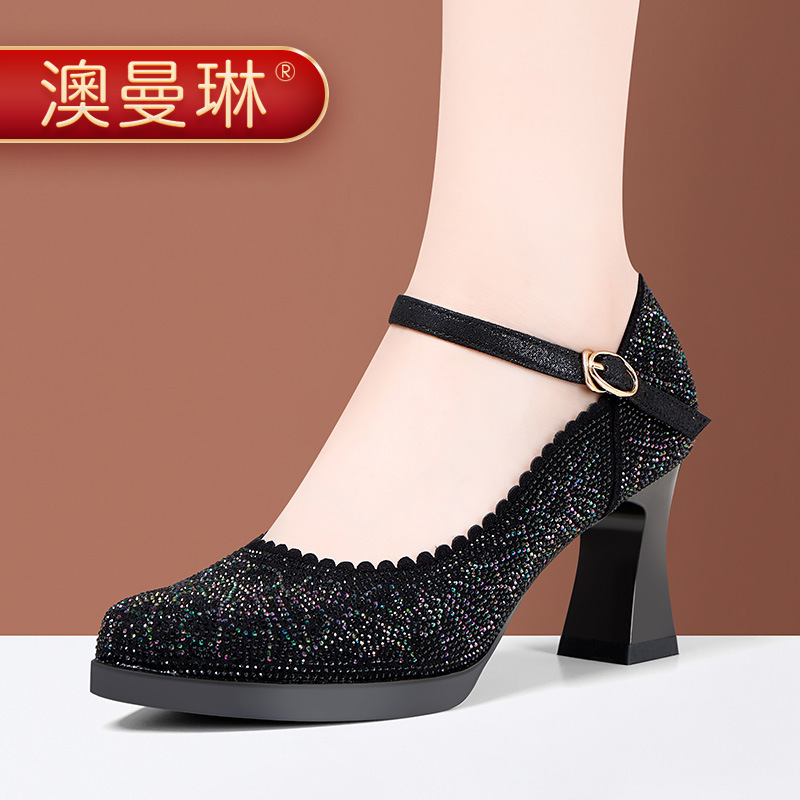 Aoman Lin with cheongsam catwalk high-heeled shoes with one-word buckle thick-heeled comfortable soft-soled versatile non-tiring single-layer shoes