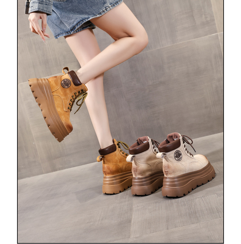 Giày boot nữ đế dày tăng chiều cao kiểu mới mùa thu, phong cách xe máy cổ ngắn — màu vàng sa mạc chi tiết 13