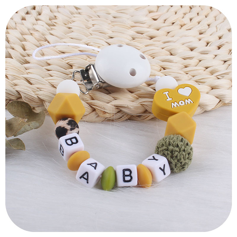 Bebé dibujos animados amor dos lados mamá papá silicona mordedor personalizable bebé nombre pezón cadena anti-caída