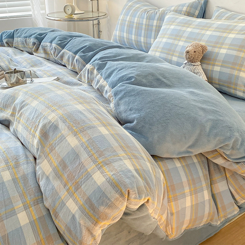 Juego de cuatro piezas de terciopelo de leche de algodón puro 2023 nuevo otoño e invierno más funda de edredón de sábana de terciopelo de coral juego de tres piezas