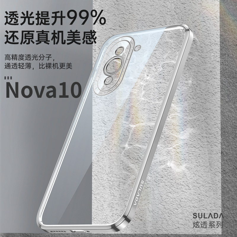 Nova15 Phone Case, Suralada Dazzling Transparent Electroplated Straight Edge Tpu Suitable for Nova13Pro Transparent Soft Case