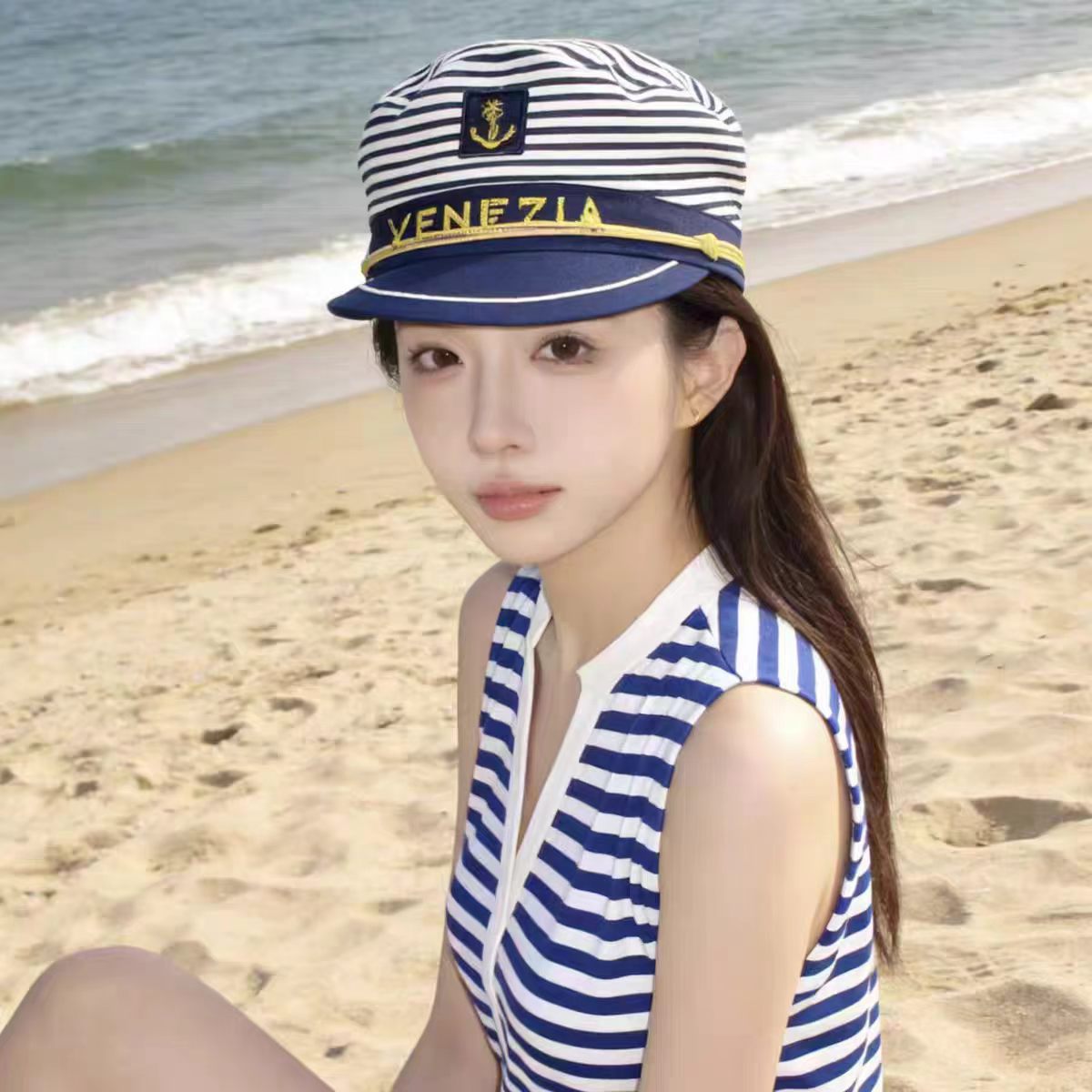 스트라이프 스퀘어 로고 네이비 캡