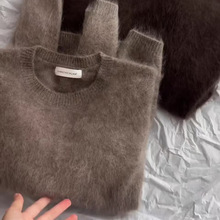 感棕色马海毛圆领套头毛衣女秋冬奶fufu软糯外穿内搭针织上衣