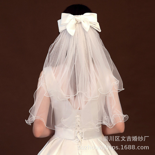 White Deer Same Style Bridal Veil Satin Fabric Large Butterfly Wedding Veil Rolled Edge Two Layers Shape Wedding White License Photograph 