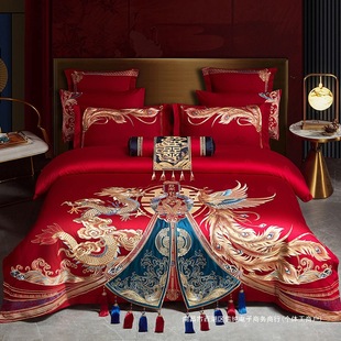 140-Count Long-Staple Cotton Wedding Four-Piece Set Classy Pure Cotton Dragon and Phoenix Bright Red Cotton Dowry Wedding Six-Eight Set