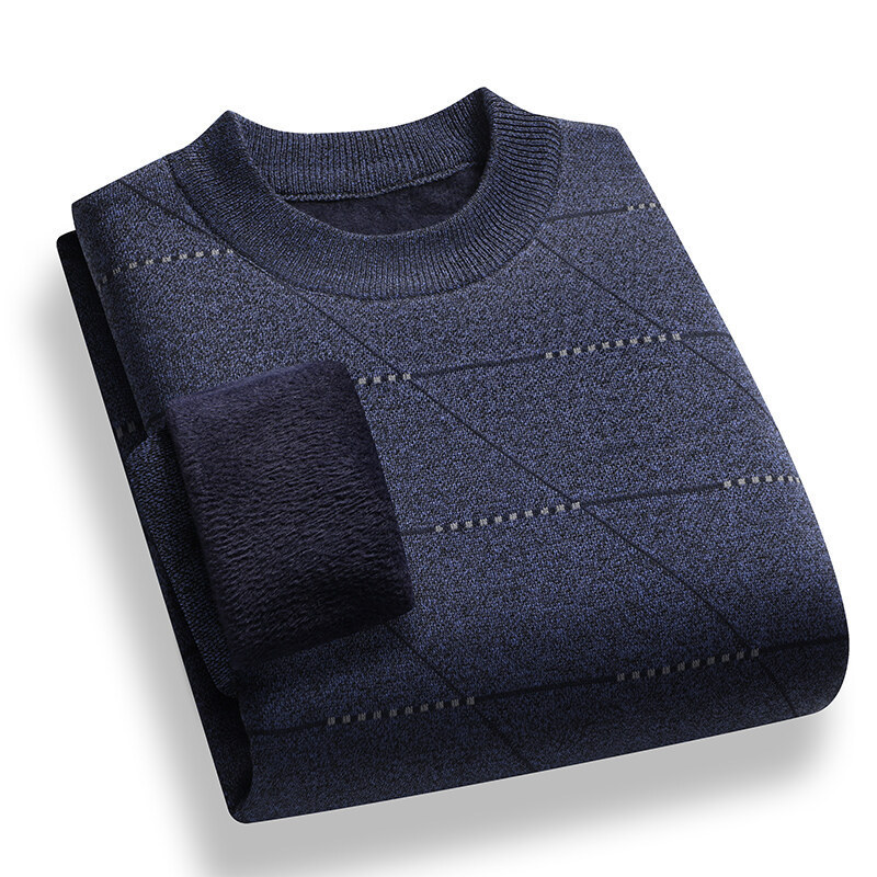 外贸亚马逊货源充足高转化中老年休闲圆领冬针织衫加绒加厚毛衣打