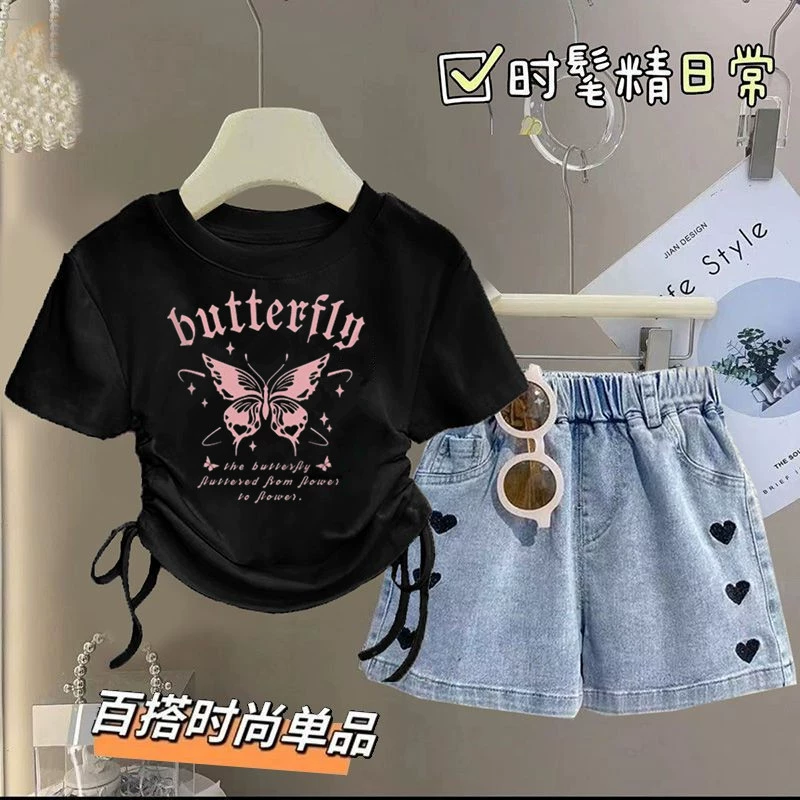 Летний джинсовый костюм для девочек, новинка 2024 года, средний и большой детский стиль, летние шорты с короткими рукавами для девочек, модный комплект из двух предметов