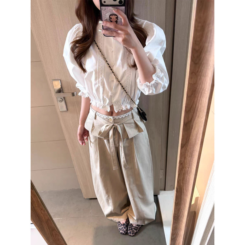 Sugar~Three-Quarter Sleeve Shirt for Women in Korean Style for Work + Khaki Ruffled Wide-Leg Pants