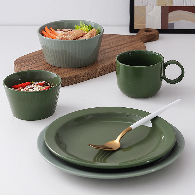 Retro Simple Ceramic Dark Green Cup and Plate Pasta 7/8 Dinner Plate Household Coffee Tray Steak Cover Cup Breakfast