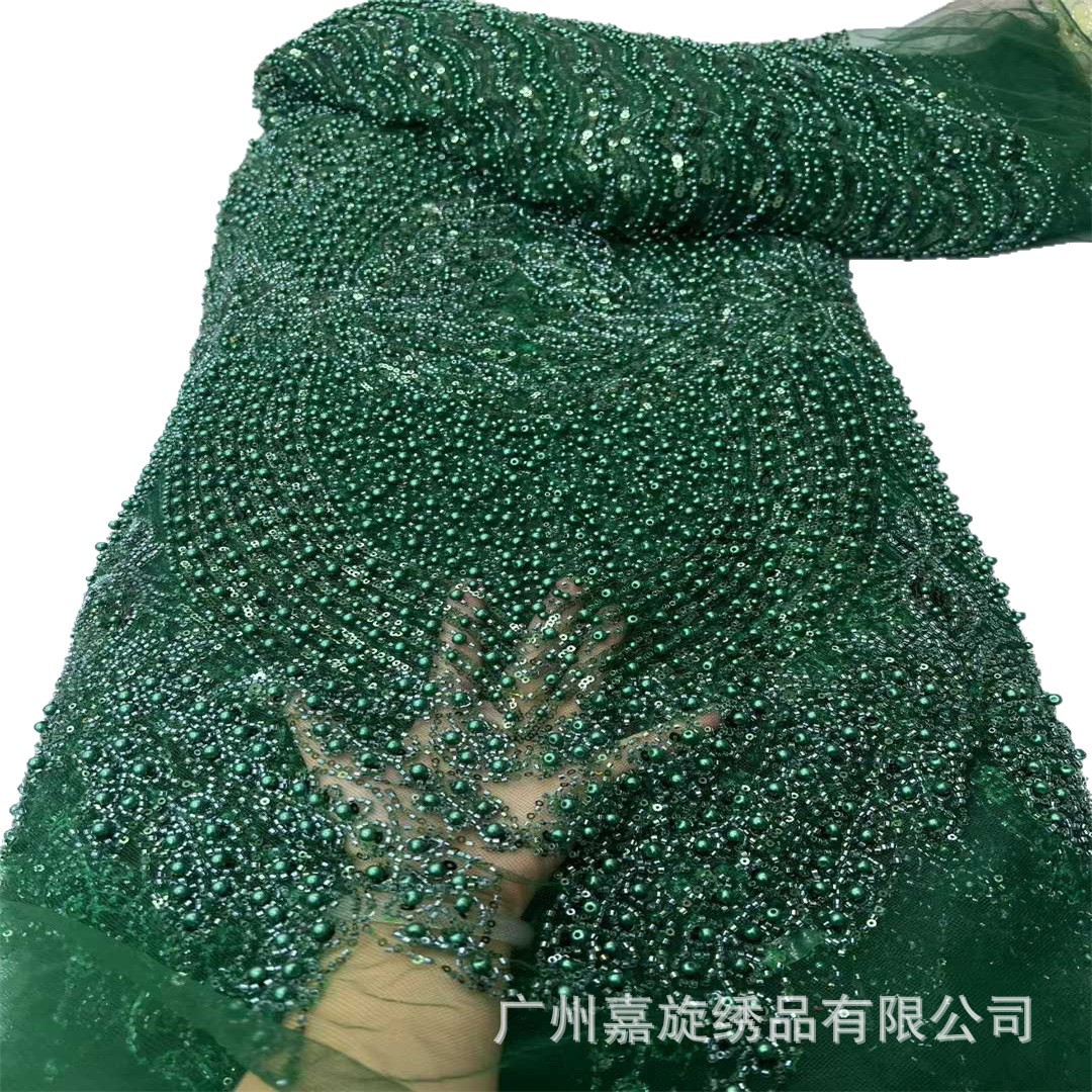 Tela blanca con cuentas y lentejuelas, tela de encaje de malla para vestidos de novia y vestidos de gala.